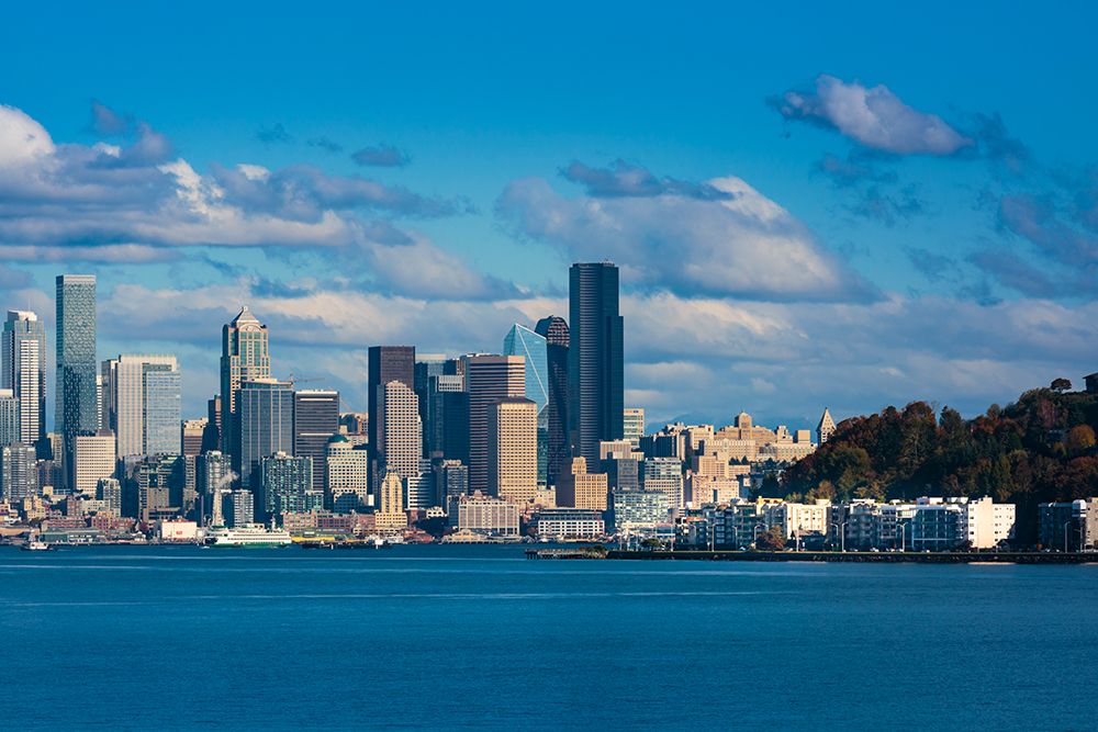 Seattle skyline and West Seattle from Puget Sound, Washington State, USA.